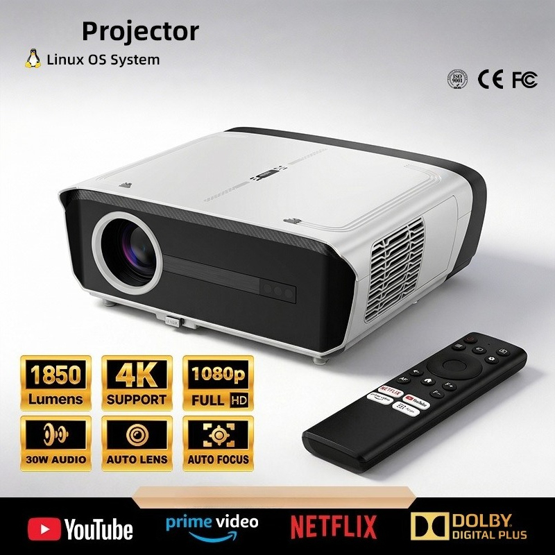 Video Games - 2026年新型ホームシアターポータブルLinuxプロジェクター 1850ルーメン ネイティブ1080p 4K対応 ビーマー Netflix対応